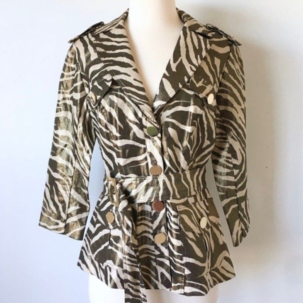 Caché Linen & Cotton Gold Metallic Zebra Print Belted Blazer Size Small NWOT